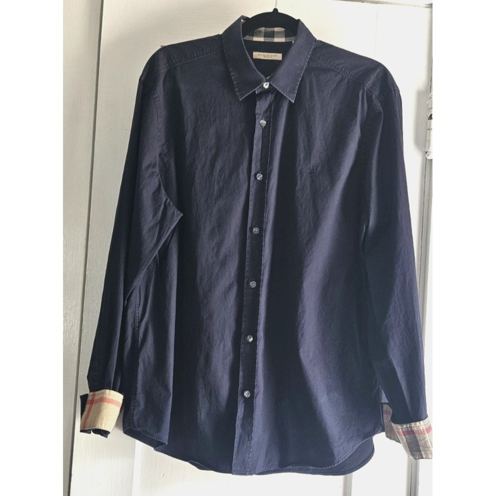Burberry Brit shirt Men's XL Navy blue Flip cuff nova check button down shirt
